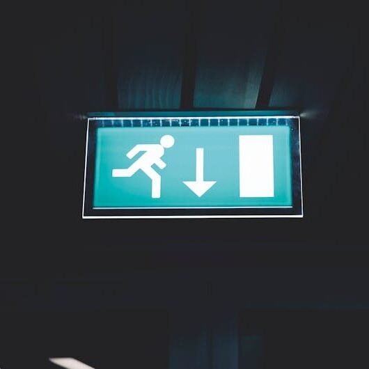 Brightly lit emergency exit sign with arrow indicating direction, set against a dark backdrop.