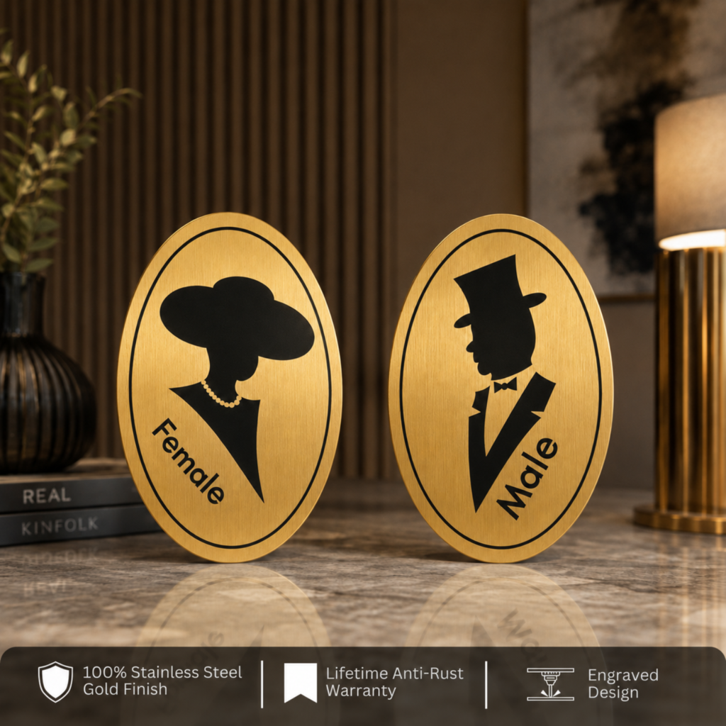 gold finish male & female restroom signage 4